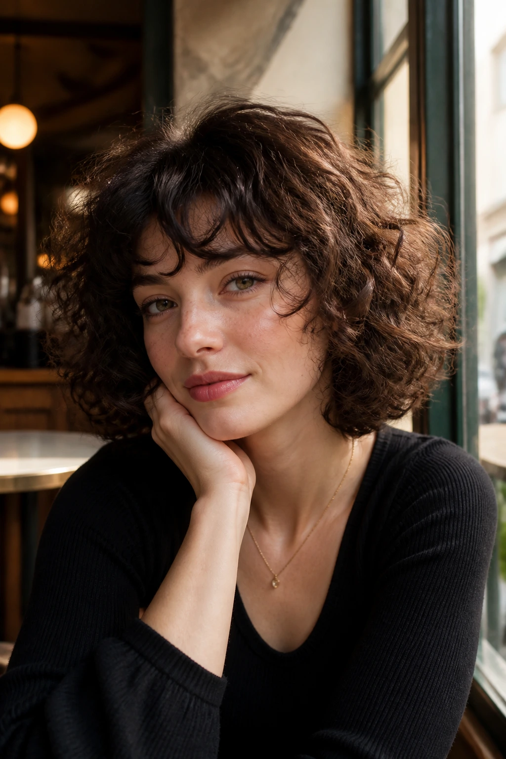 Close-up portrait of a real woman with a shoulder-skimming French-Inspired Curly Bob in natural warm light.
