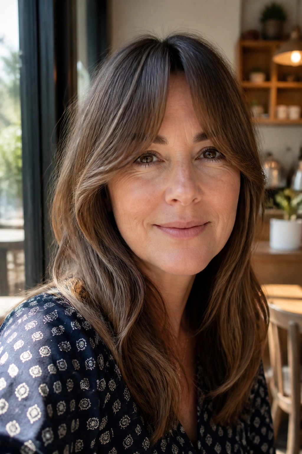 Close-up of a woman with French-inspired curtain bangs and soft texture