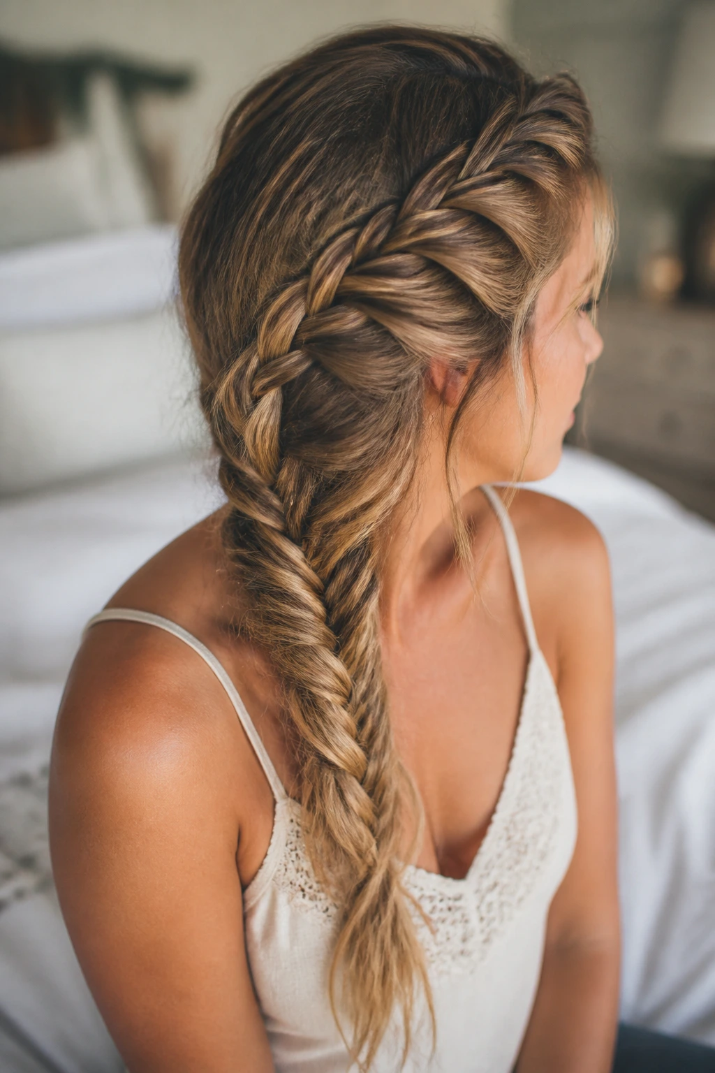 Close-up of crown-hugging French fishtail seam into loose ends
