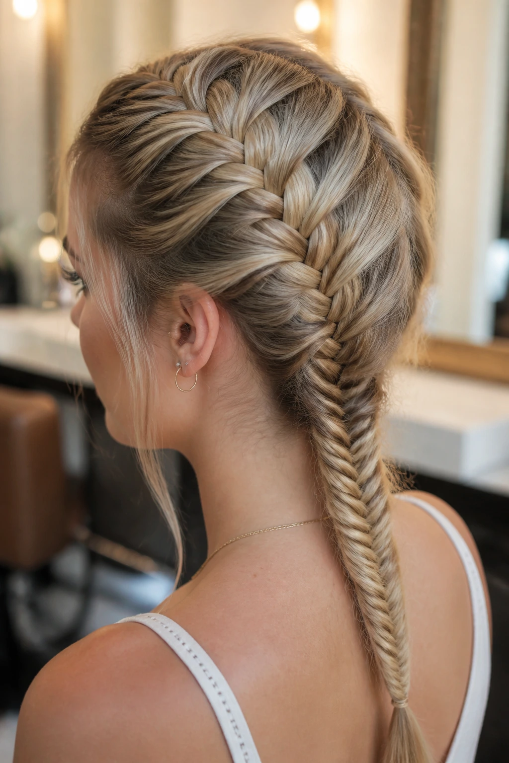 Three-quarter view of a real woman's French-to-fishtail hybrid braid at the nape