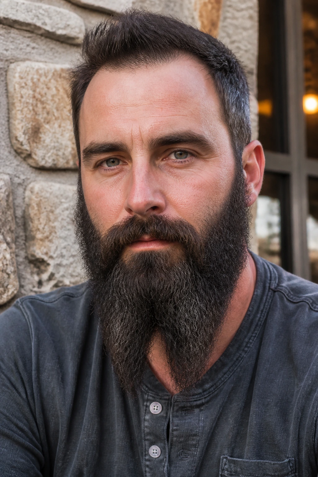 Portrait of a man with a two-prong French fork beard against a stone wall.