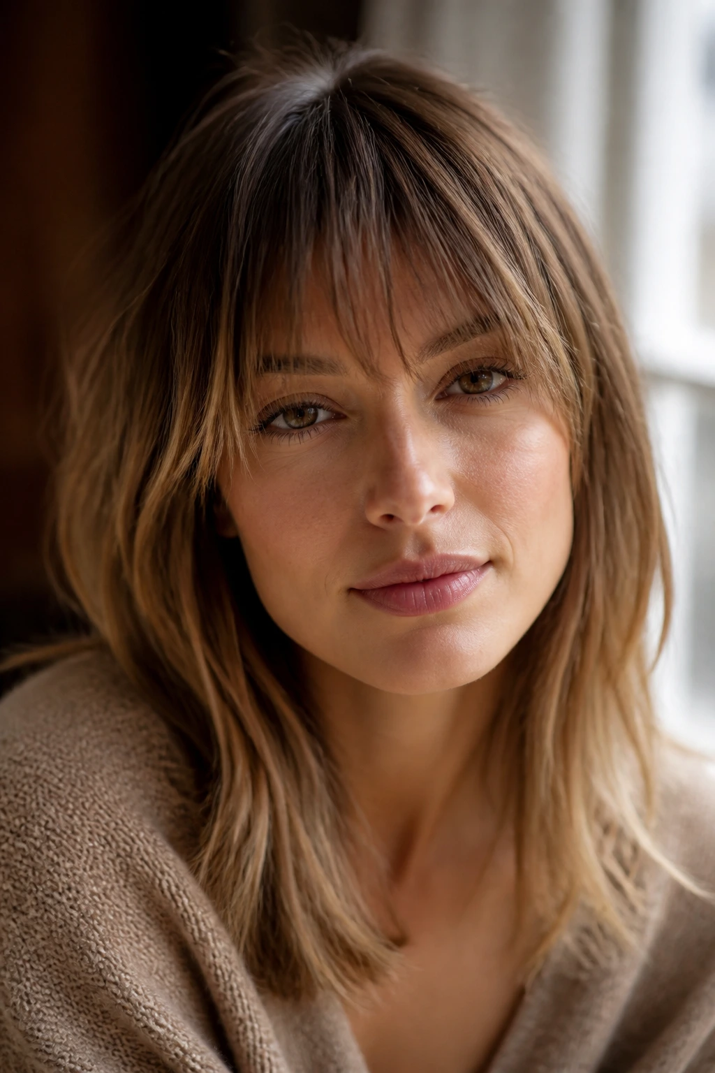 Close-up of a real person with a French fringe and broken ends