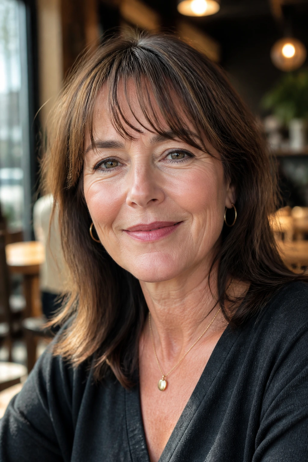 Close-up of a real woman with a softened French fringe at the corners in cafe light