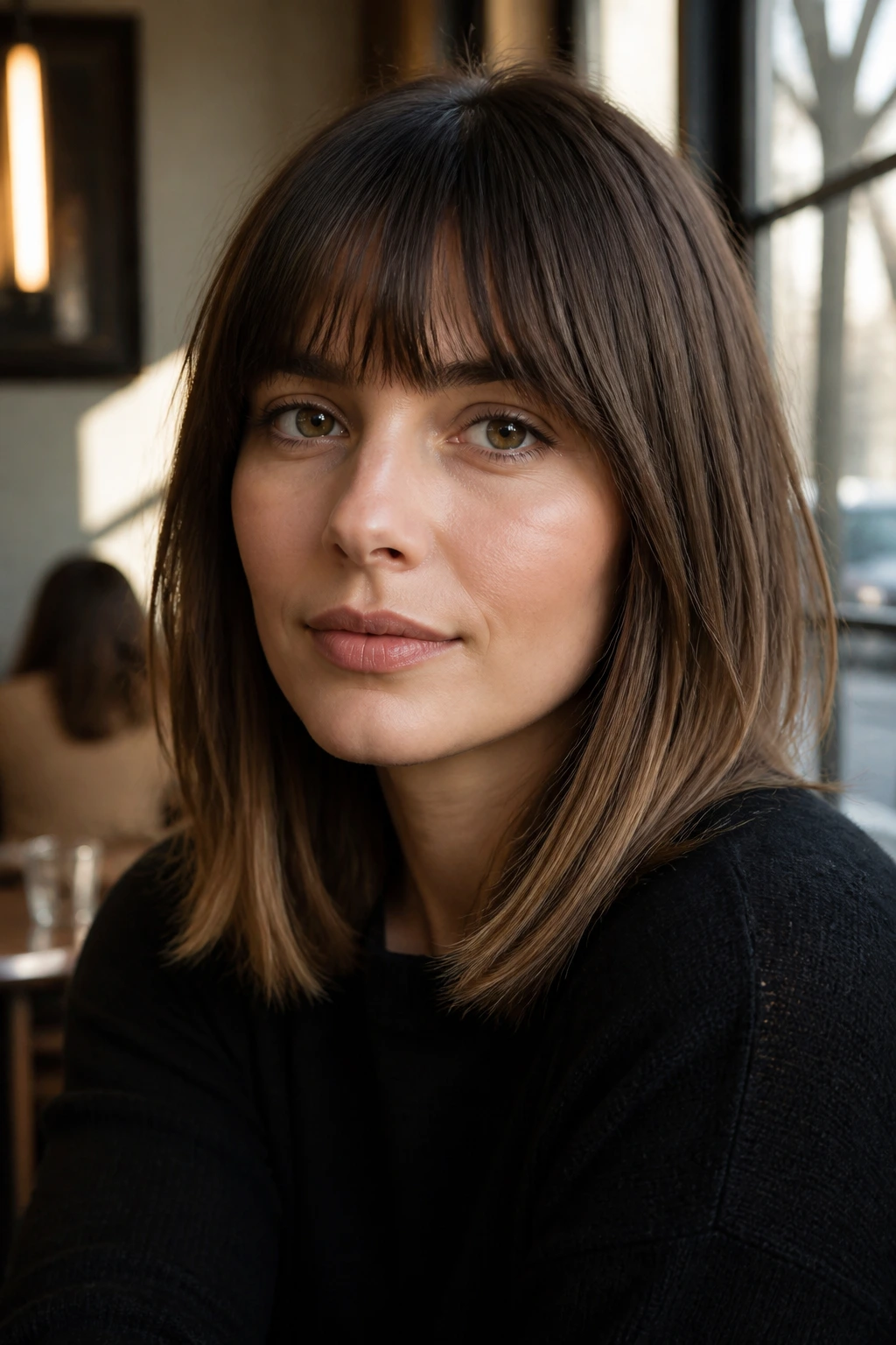 Close-up of a real woman with a French fringe lob framing the face