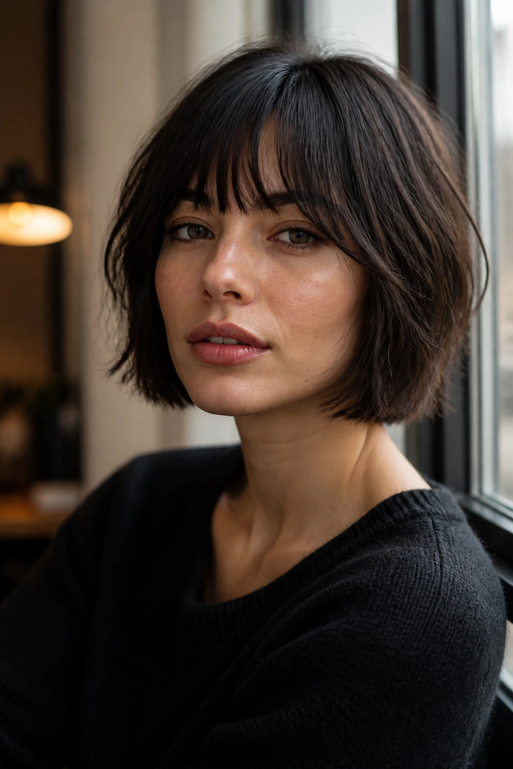 Portrait of a woman with a French-Girl choppy bob and light bangs.
