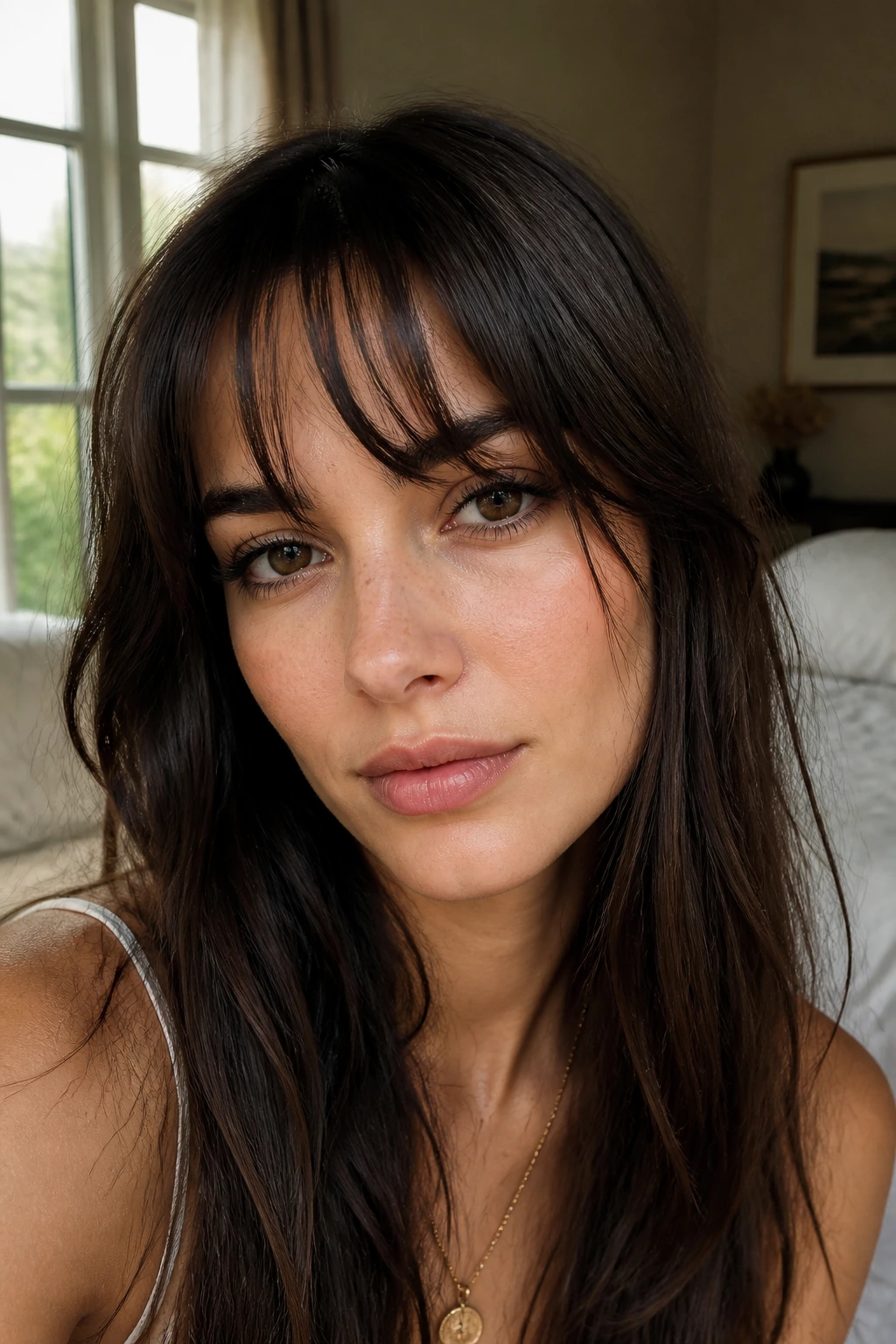 Close-up portrait of a real woman with French Girl Bangs texture