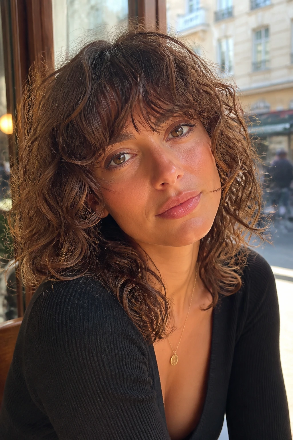 Close-up of a real woman with brow-grazing fringe and soft curly layers