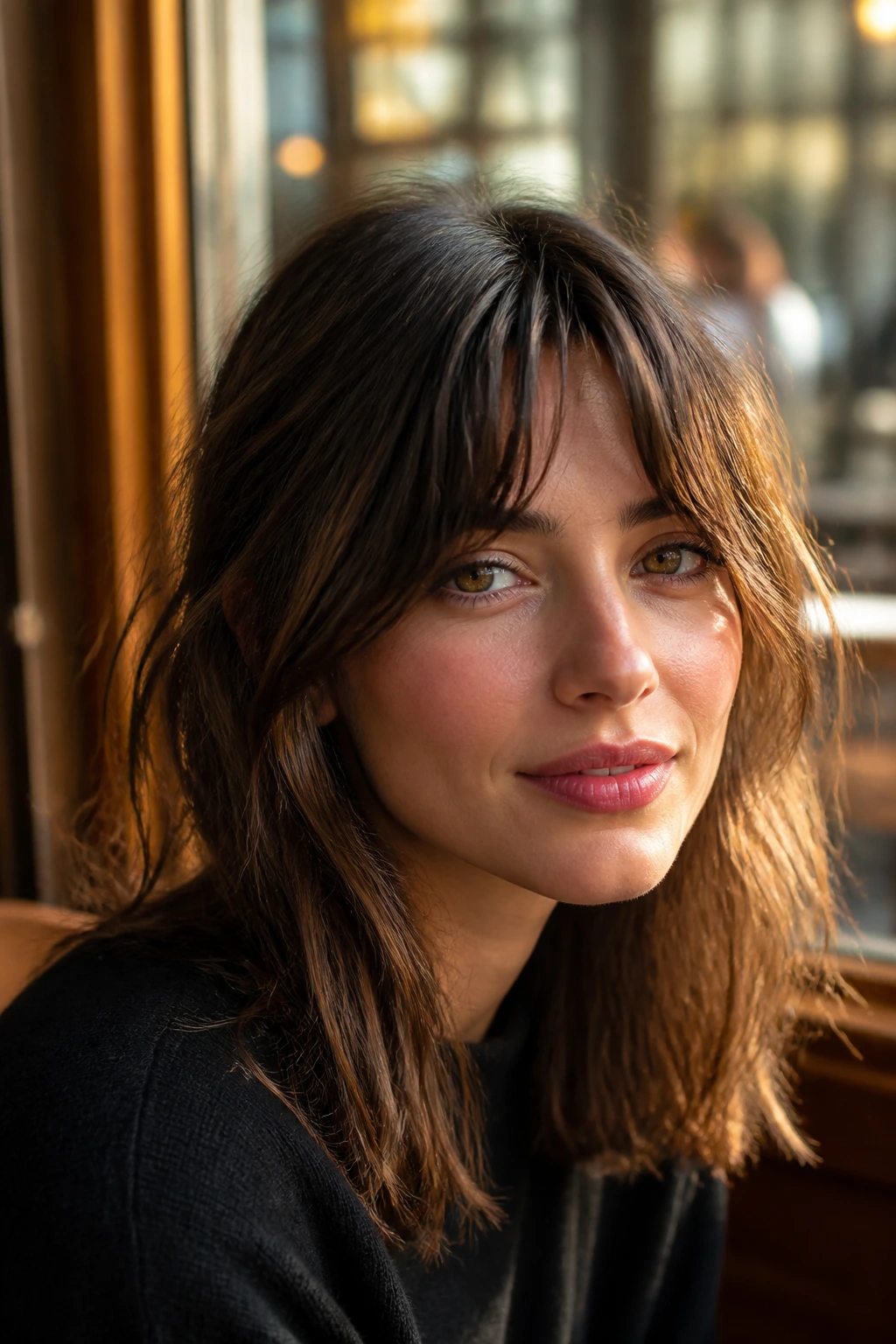 Close-up portrait of a real person with French-girl curtain bangs in warm golden hour light
