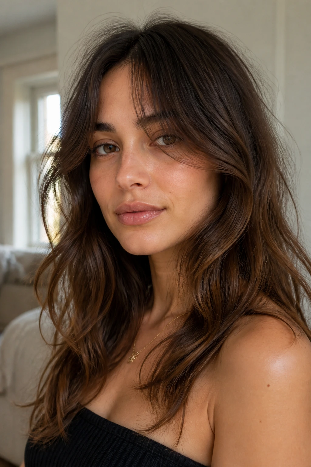 Close-up of a real woman with French-girl curtain bangs in natural light