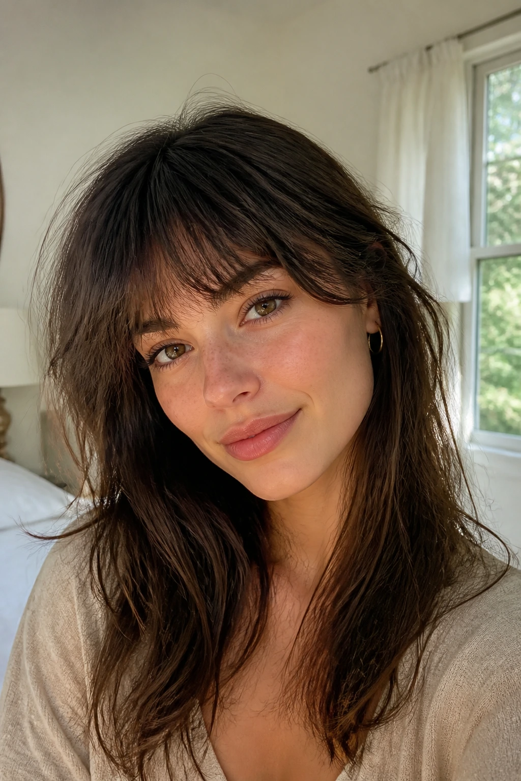 Close-up of a real woman with soft, irregular French-girl fringe in a bright bedroom.
