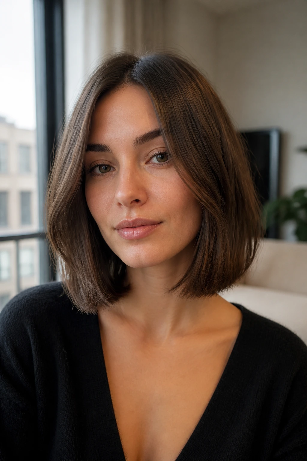 Real woman with a French-girl lob featuring blunt ends and soft bend, in natural light.