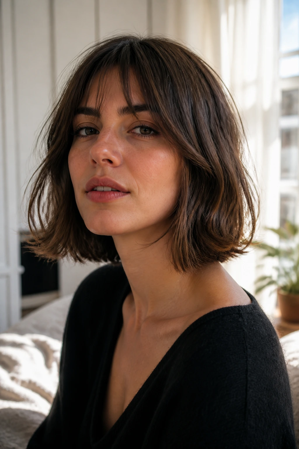 Close-up of a real woman with a French-Girl Lob featuring soft movement and natural wave