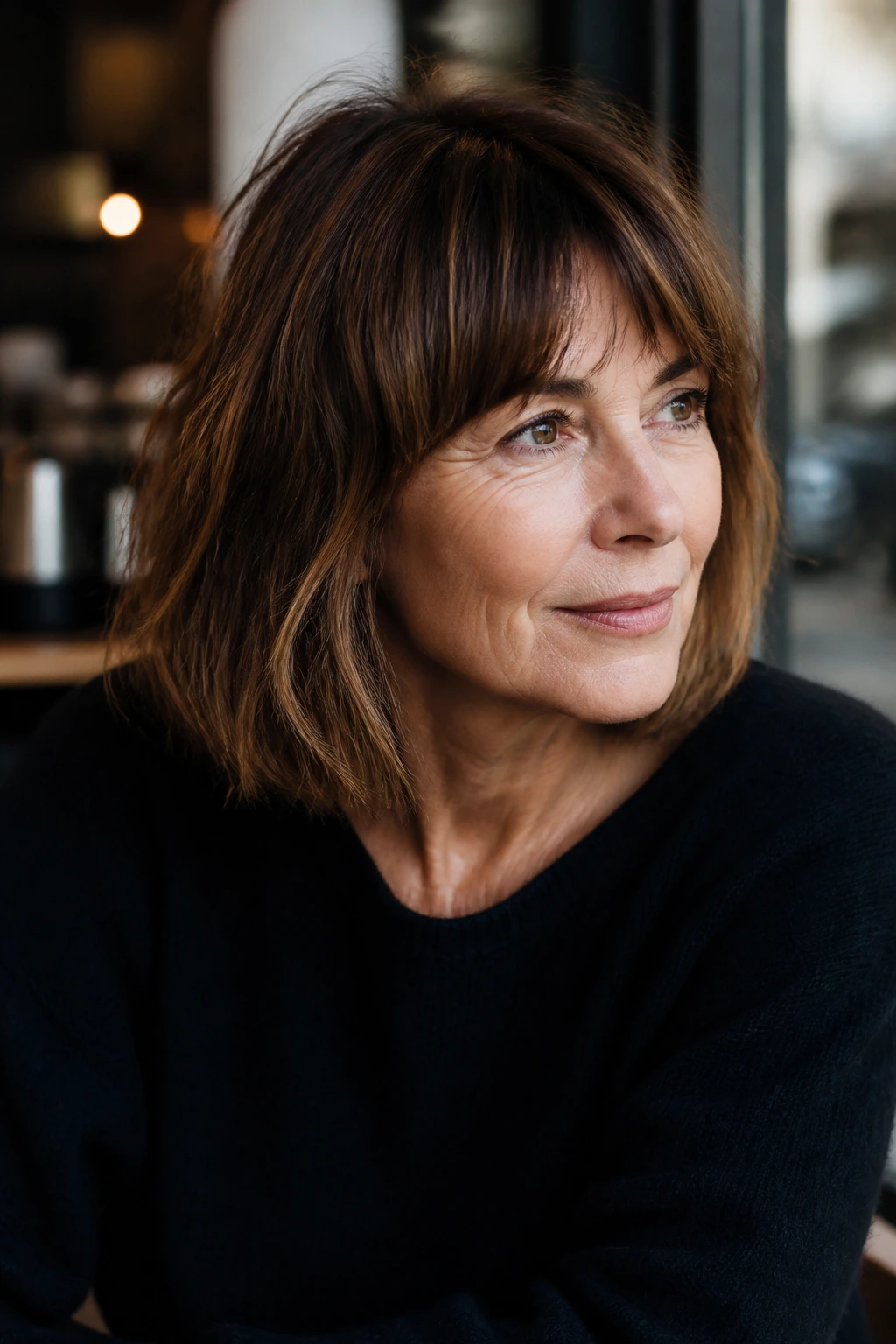 Portrait of a real woman with French-girl lob and natural wave, daylight.