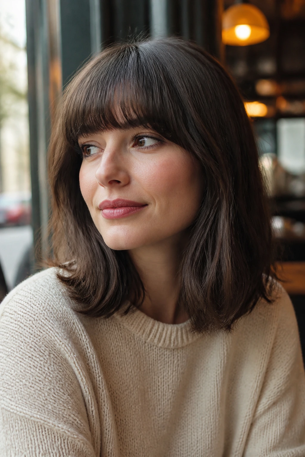 Portrait of a woman with French girl lob and soft full bangs in cafe window light.