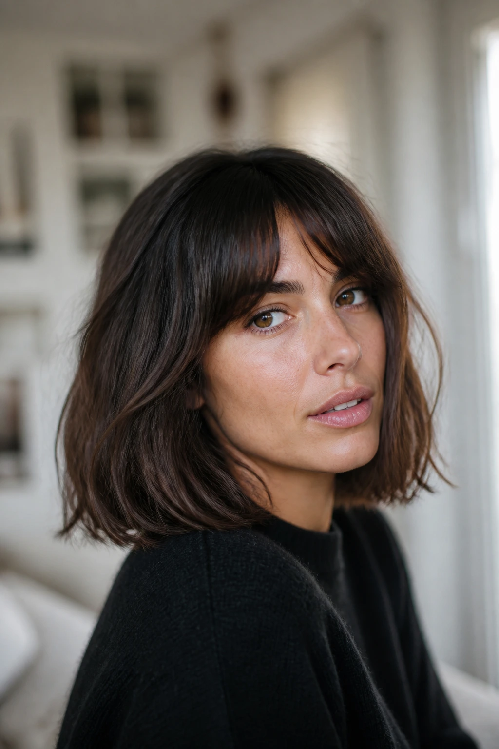 Close-up portrait of a real person with a French Girl Lob and soft fringe.