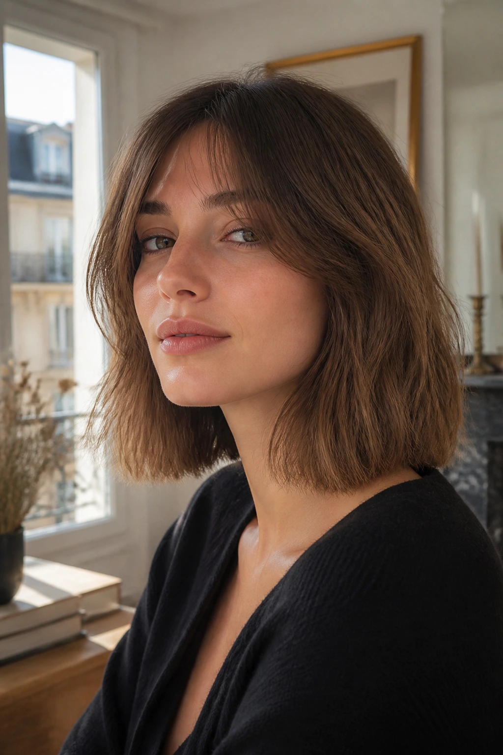Portrait of a woman with a French-girl lob, collarbone-length with soft bend and airy fringe.