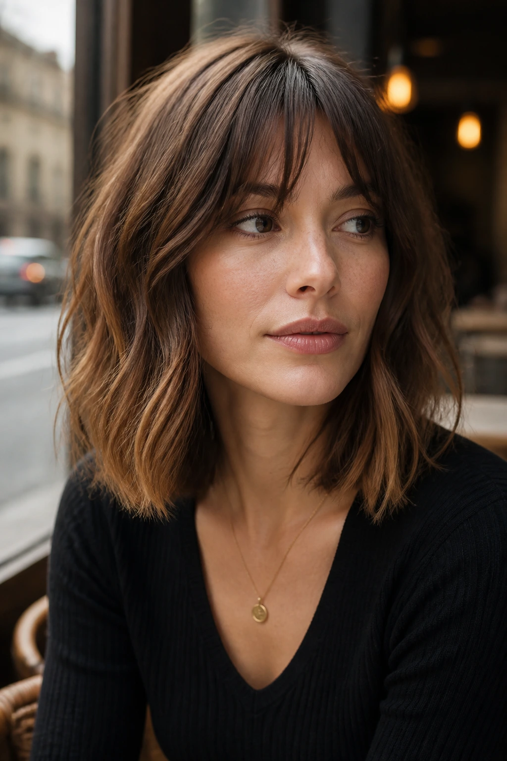 Close-up portrait of a real woman with a softly textured French-girl lob.