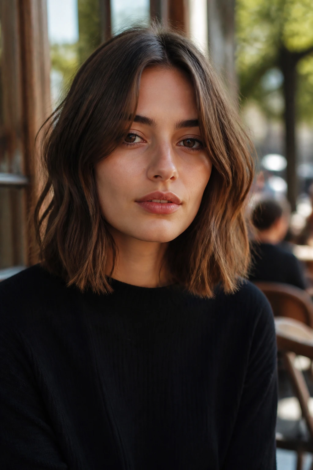 Portrait of a real person with a French-girl lob and air-dried texture.
