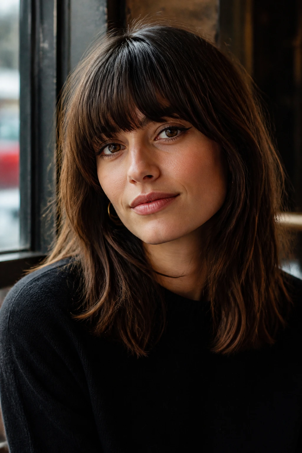Close-up portrait of real person with French-girl midi and full fringe