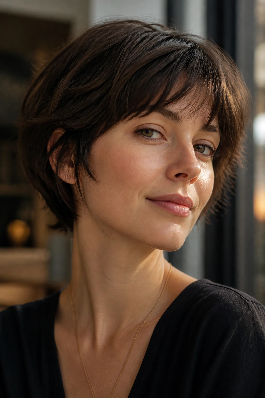Soft French-girl pixie bob on a real person in cafe daylight