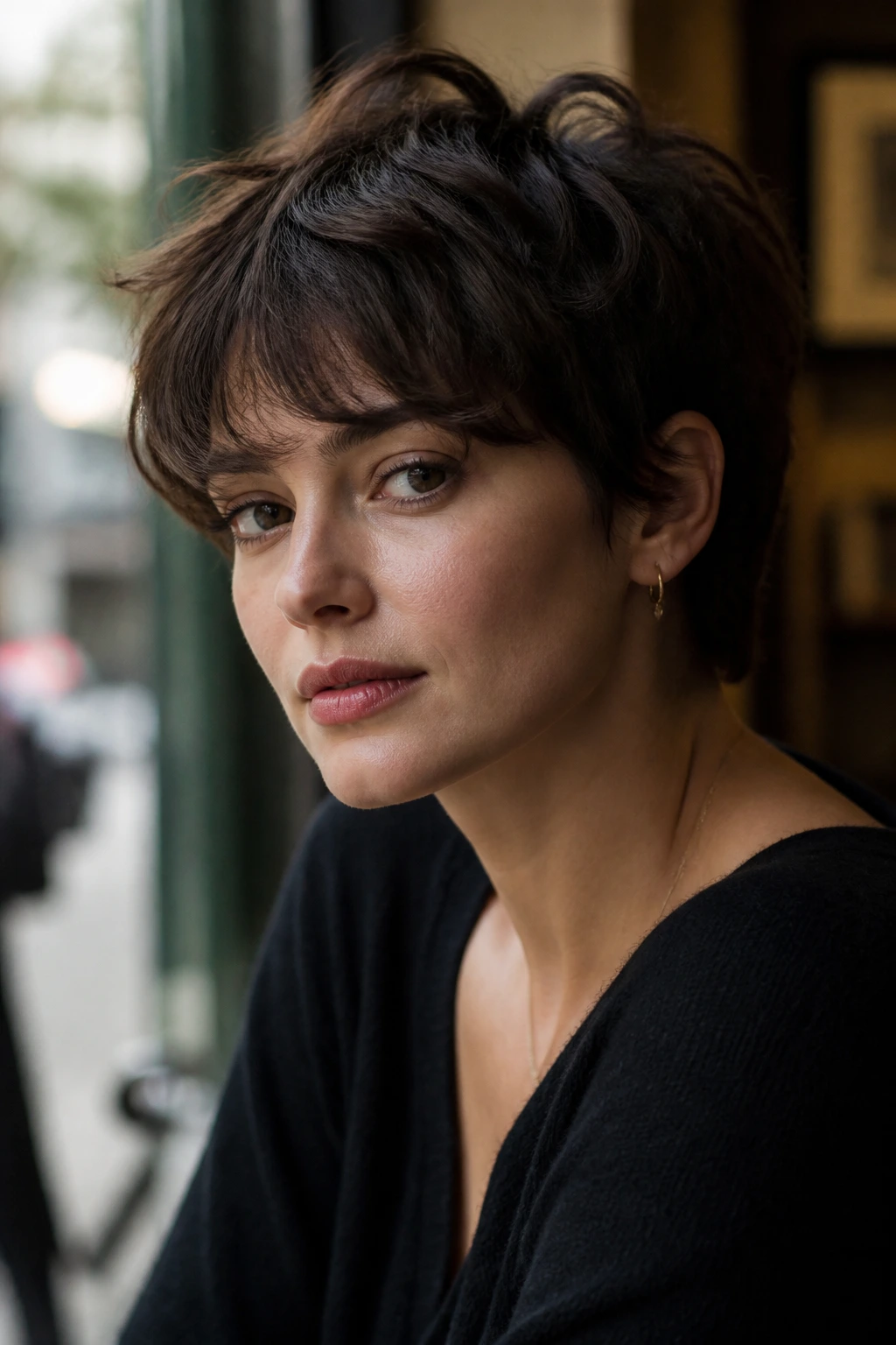 Close-up of real person with French-girl pixie fringe tucked behind ear
