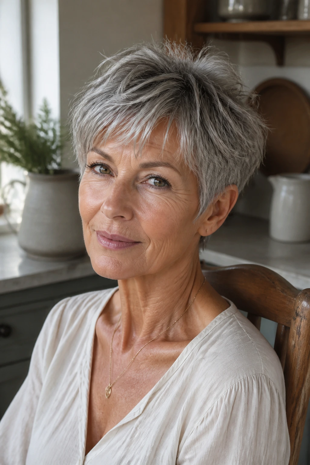 Close-up portrait of a real woman with a soft undone French-girl pixie.