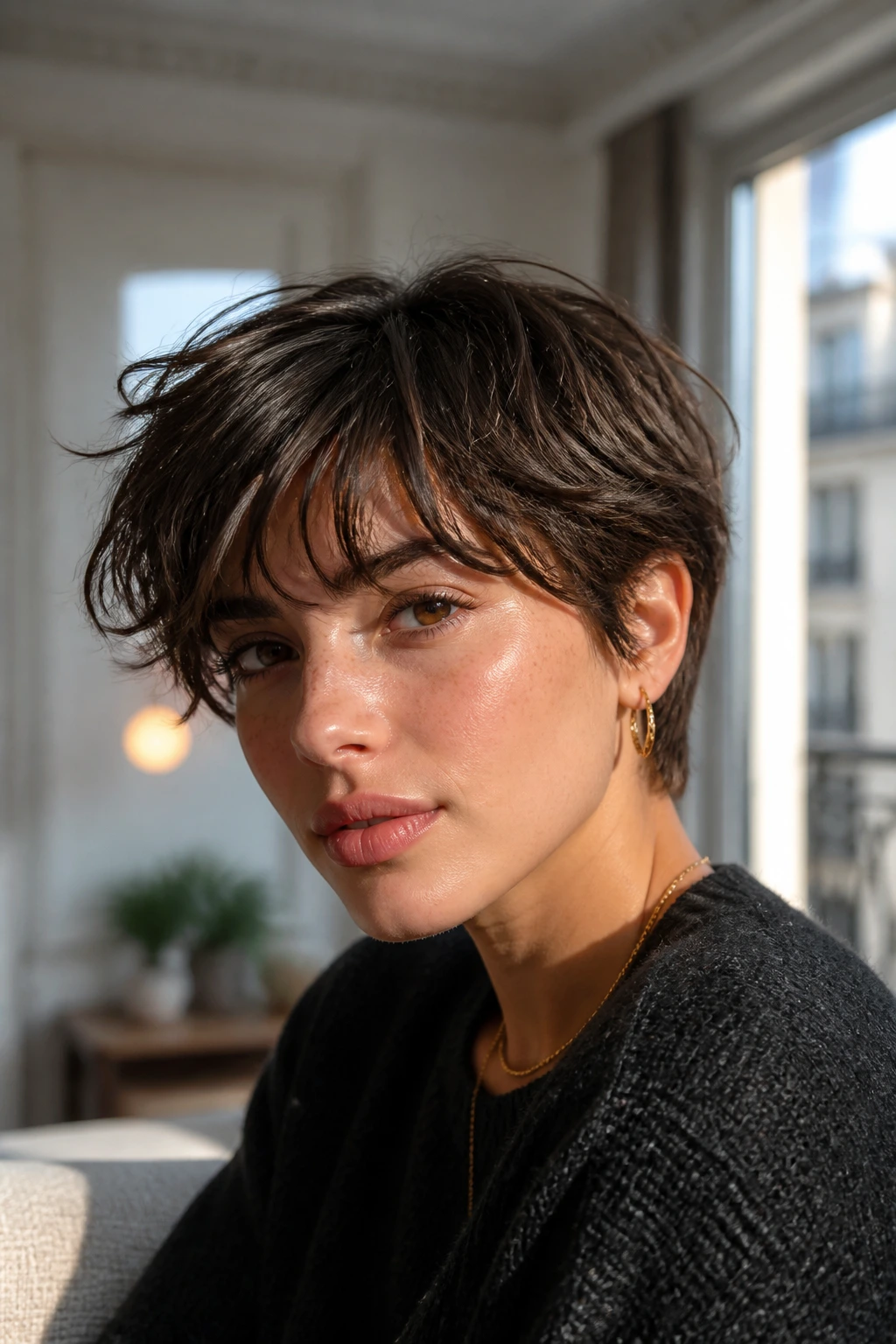 Close-up portrait of real woman with French girl pixie hairstyle and soft fringe in natural light