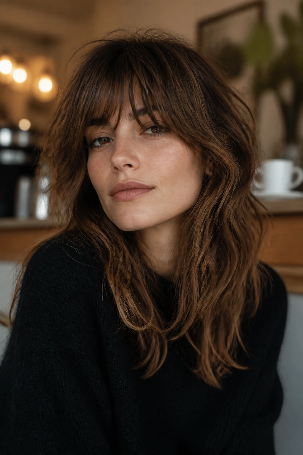 Close-up of a real woman with airy fringe and cheekbone-friendly shag