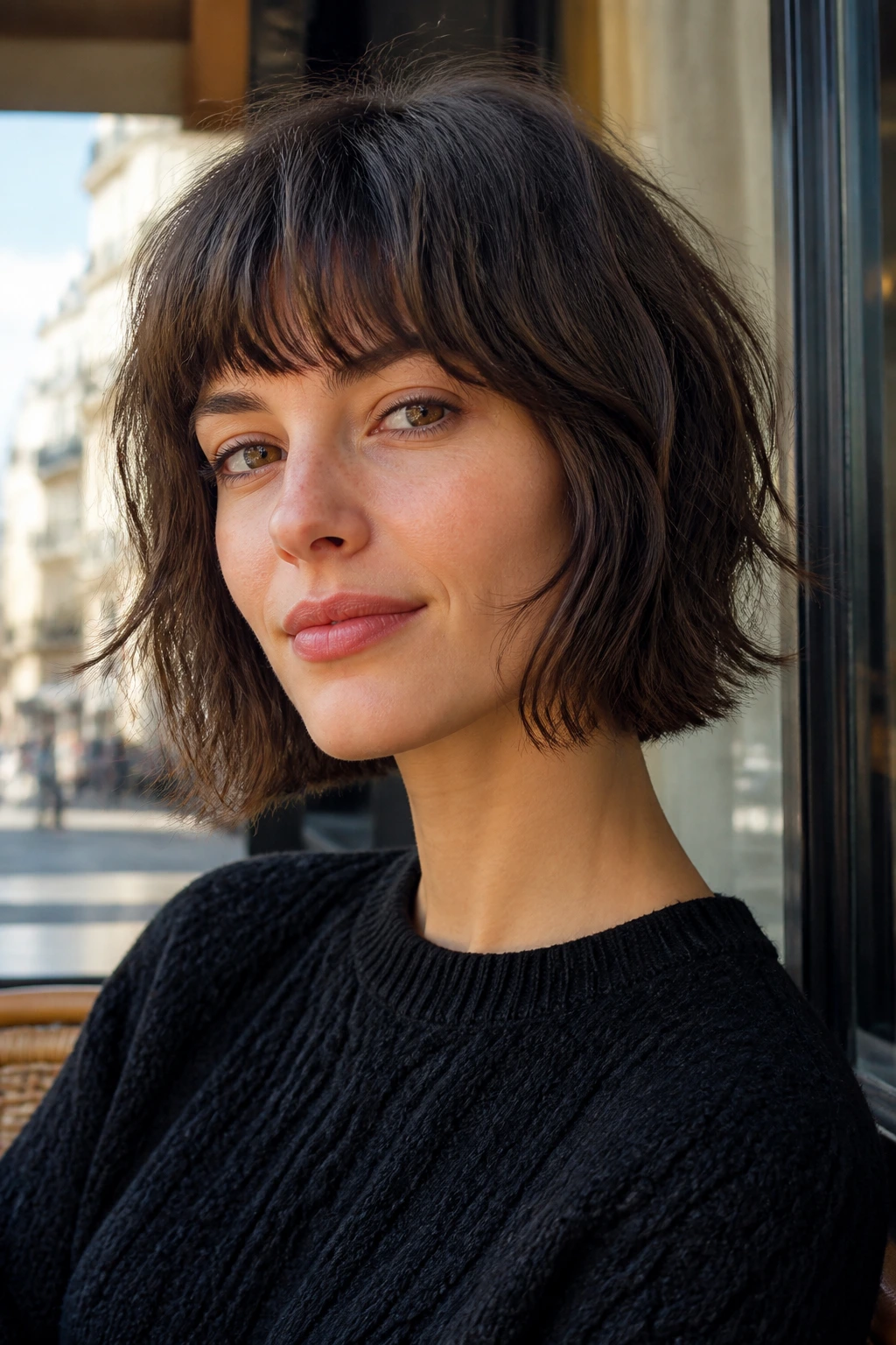 Close-up of real woman with jaw-length French girl shag bob in a sunlit cafe