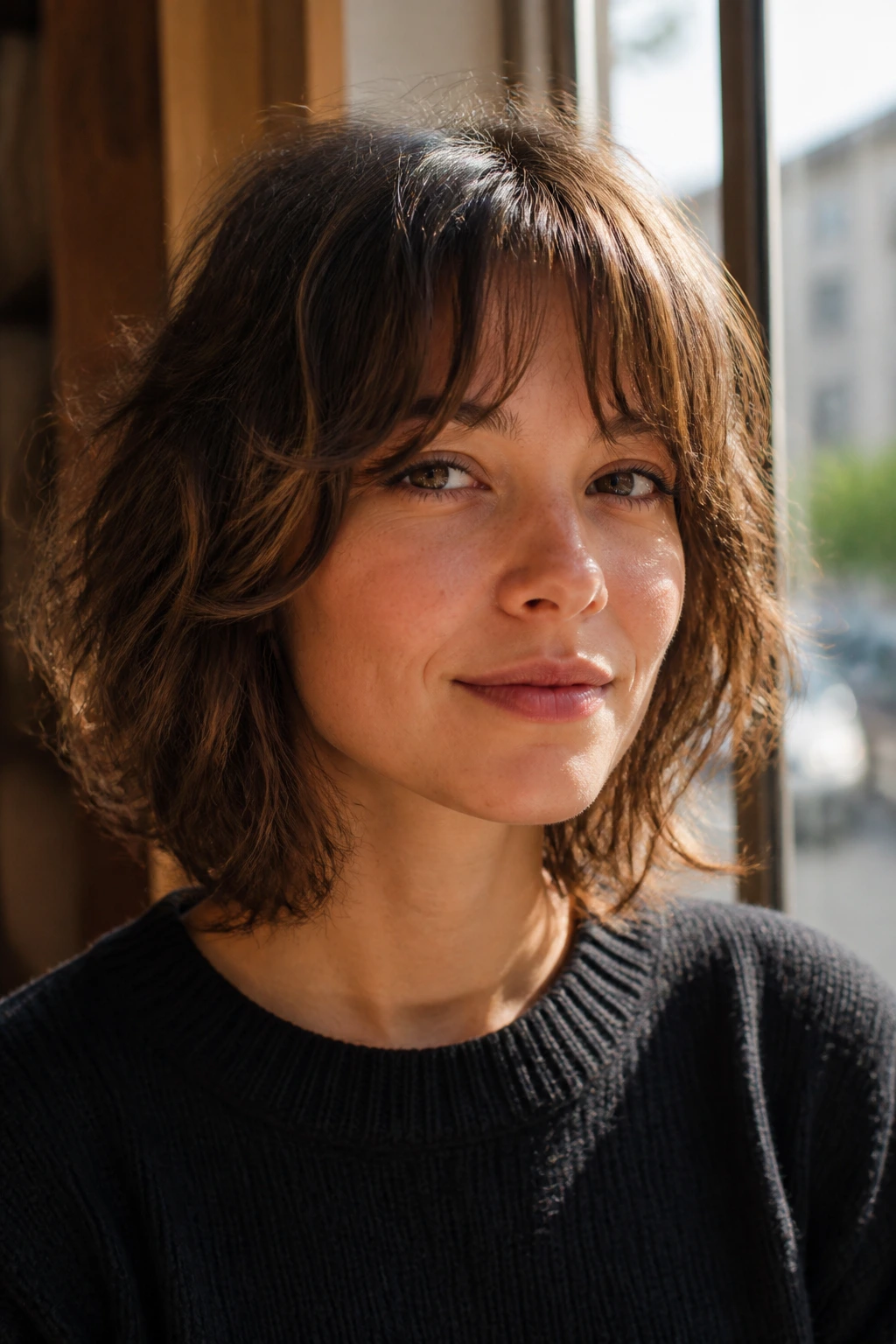 Portrait of a real person with bottleneck bangs and French-girl shag in cafe light