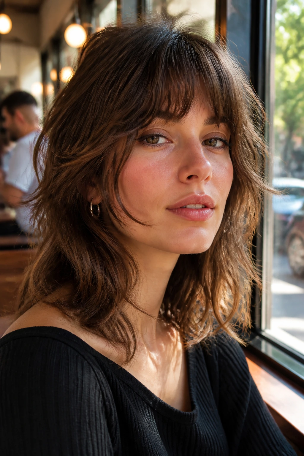 Close-up of a real woman with airy fringe and cheek-skimming layers in French Girl Shag hairstyle.