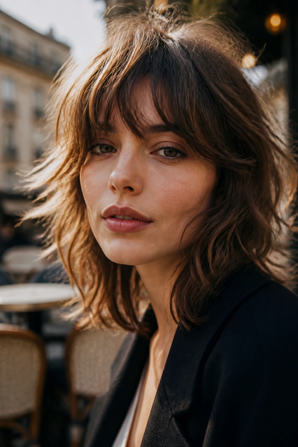 Real woman with cheekbone-fringe French-girl shag in warm light