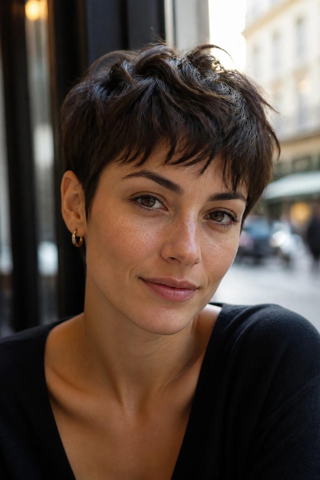 Real woman with French-Girl tousled pixie at cafe window