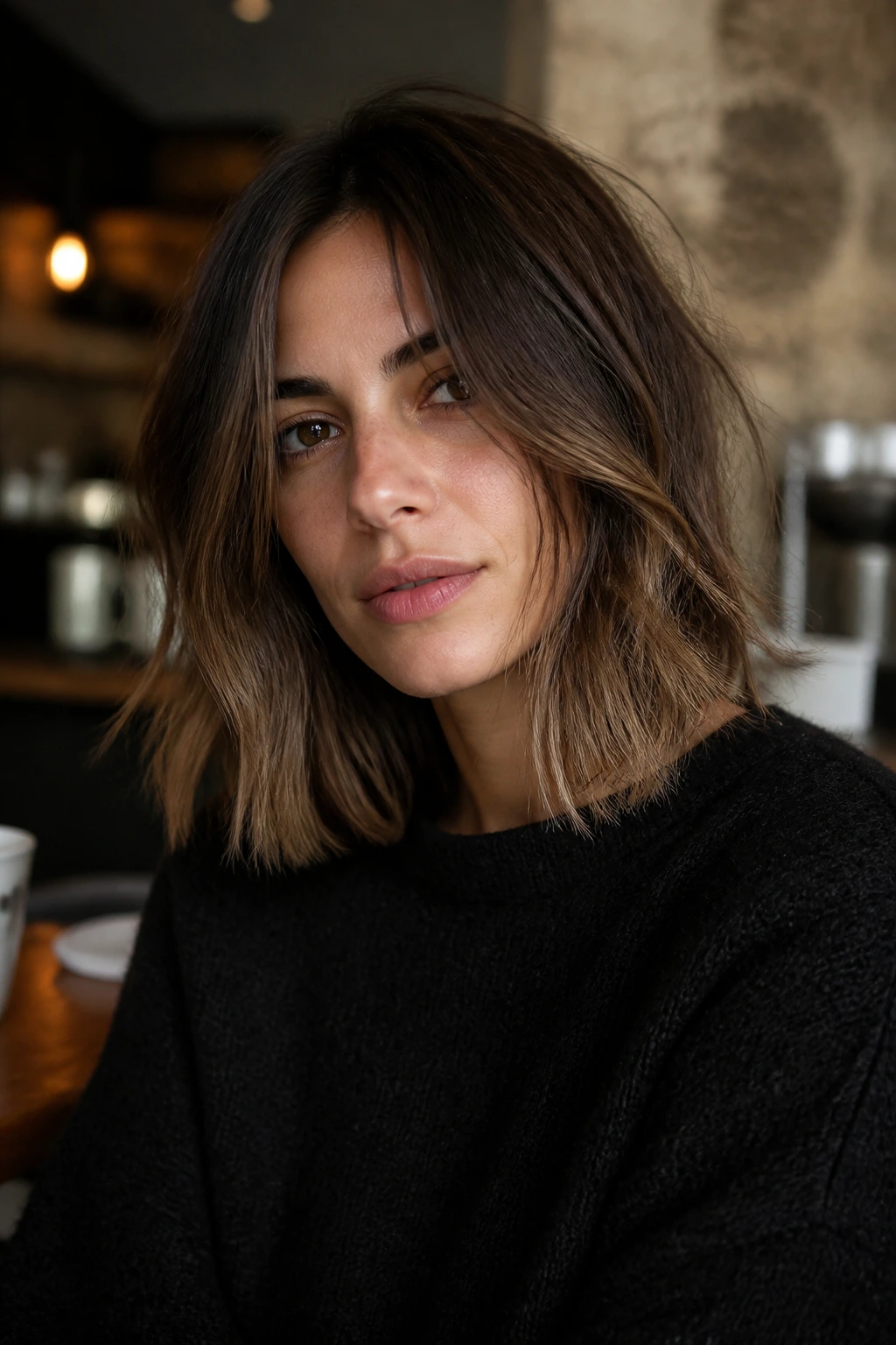 Close-up of a real woman with The French-Girl Undone Lob, soft bends and middle part
