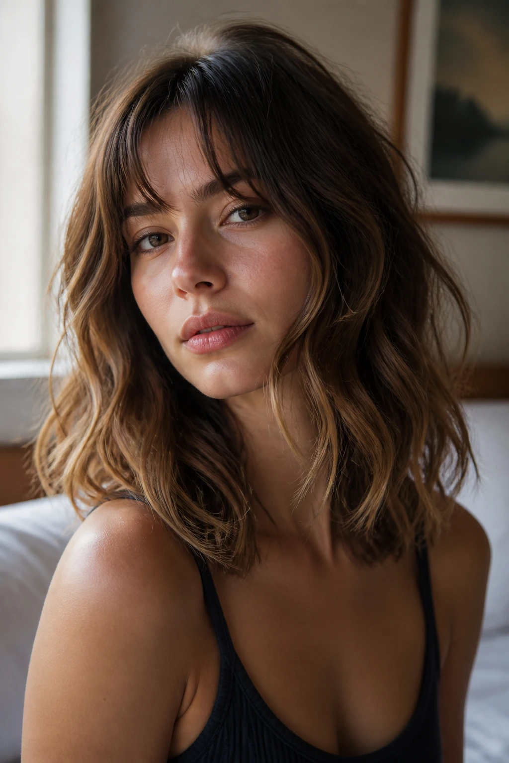 Close-up portrait of a woman with loose French-girl waves and light separation