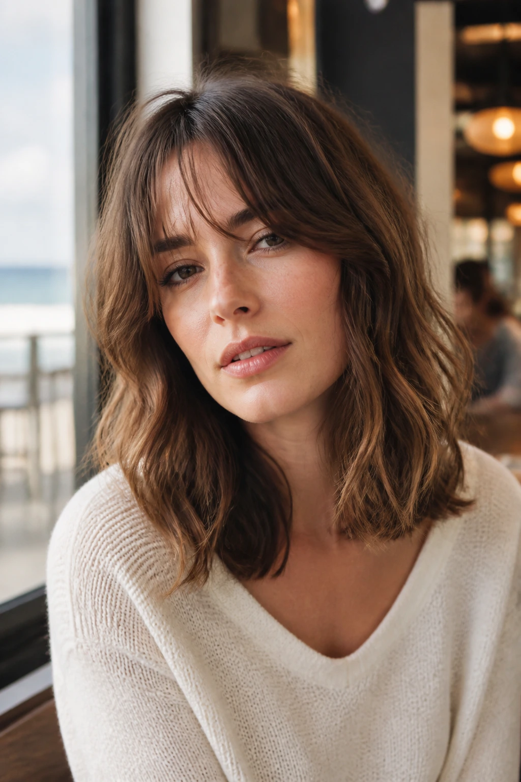 Close-up of a real woman with french-girl waves and wispy curtain bangs in a seaside/parisian setting