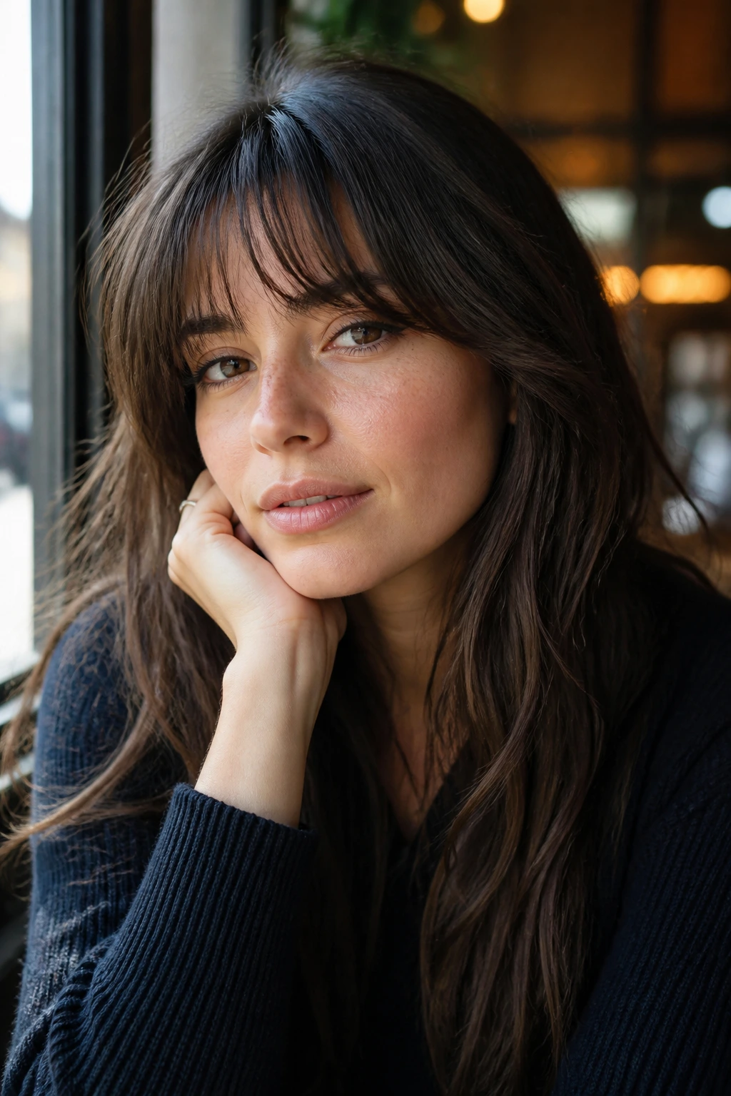 Close-up portrait with brow-skimming wispy bangs in cafe light