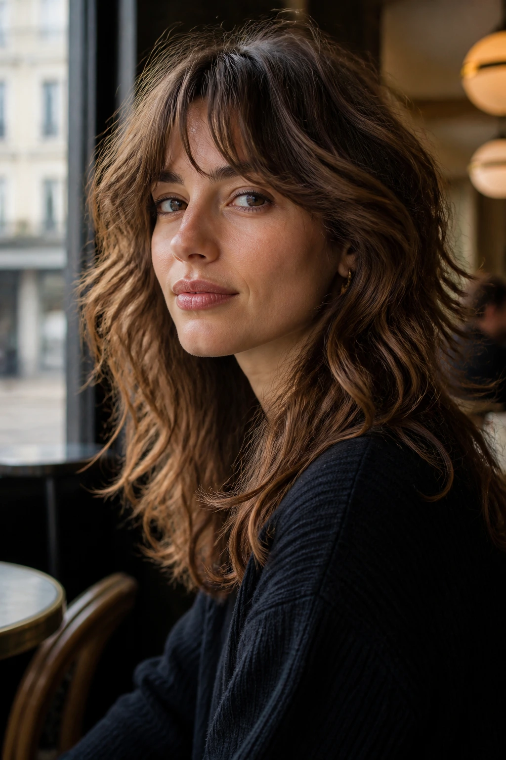 Close-up of a real woman with a French-girl soft wolf cut in warm window light