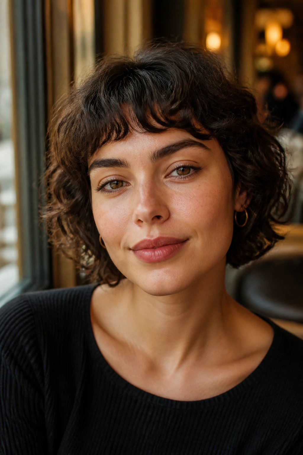 Close-up of a real woman with airy French-inspired short bangs in warm window light