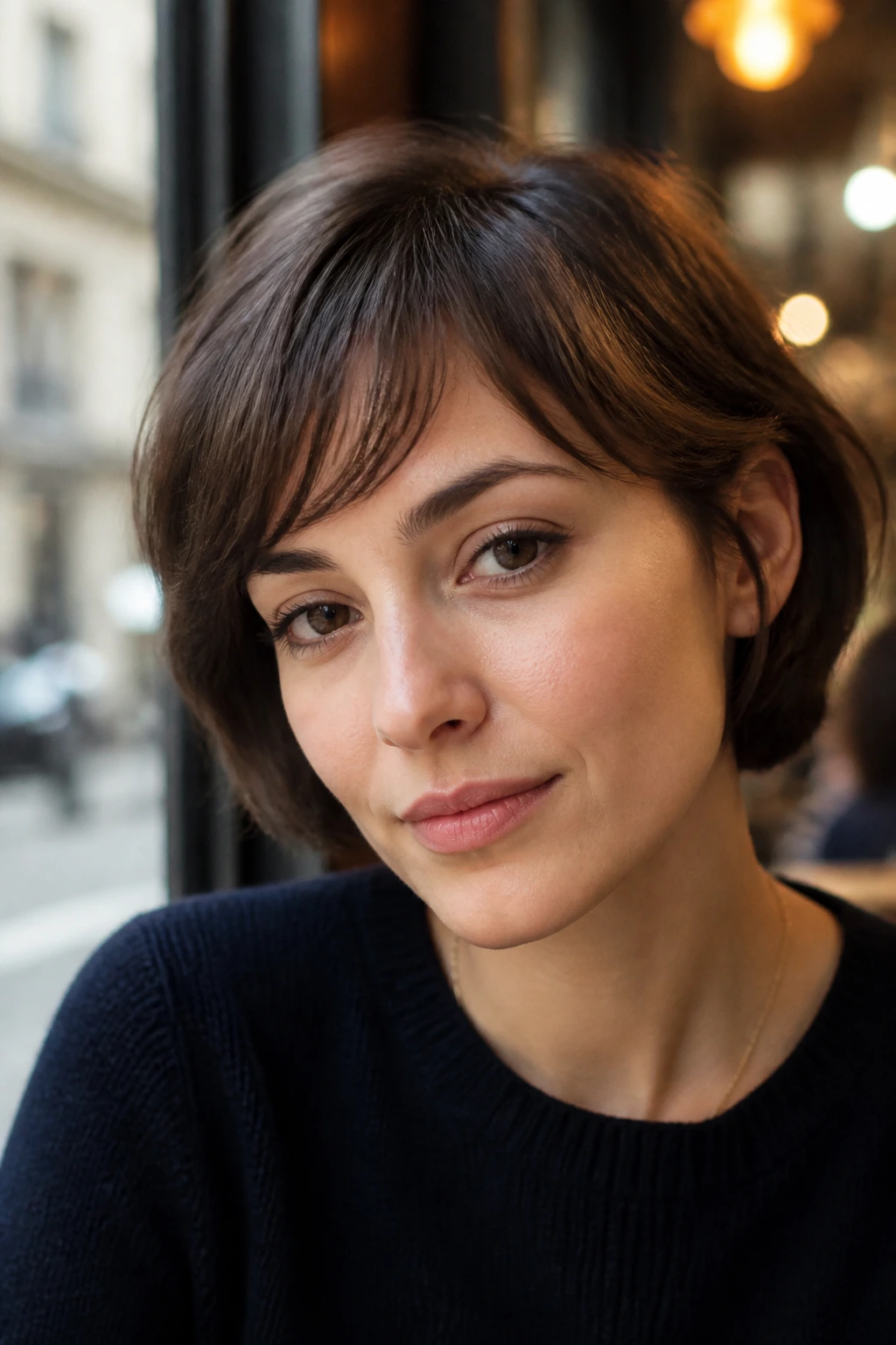 Close-up portrait of a woman with short airy bangs in a cafe window light