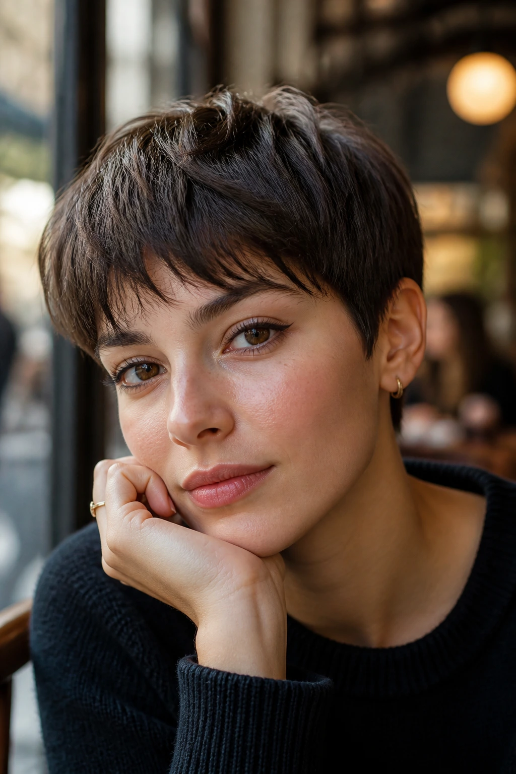 Close-up of real person with French-inspired crop pixie in Parisian window light