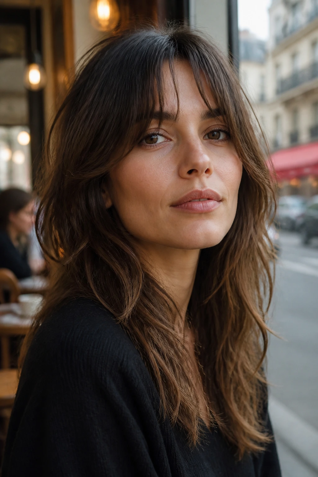 Close-up portrait of a real woman with short curtain bangs in long shag