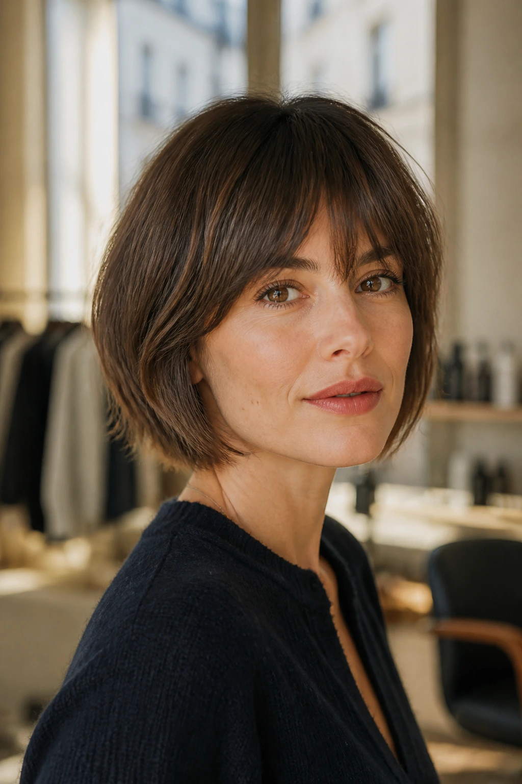 Close-up of a real woman with French-inspired feathered bob