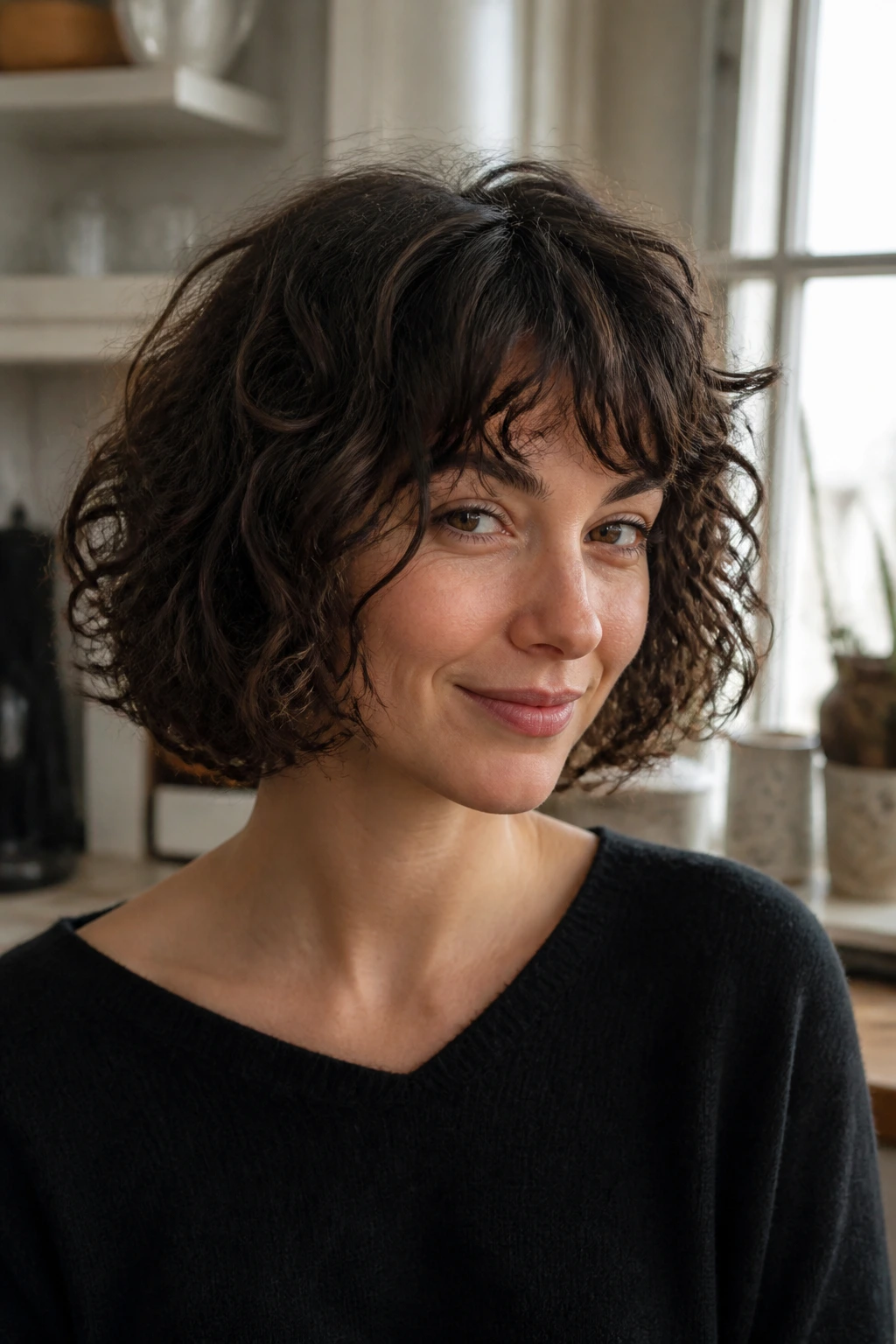 Close-up portrait of a real woman with a French-inspired medium curly bob