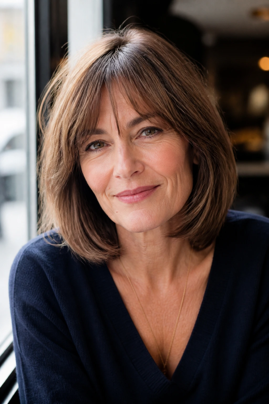 Close-up of a real woman with French-inspired mid-length bob and soft fringe in sunlit cafe