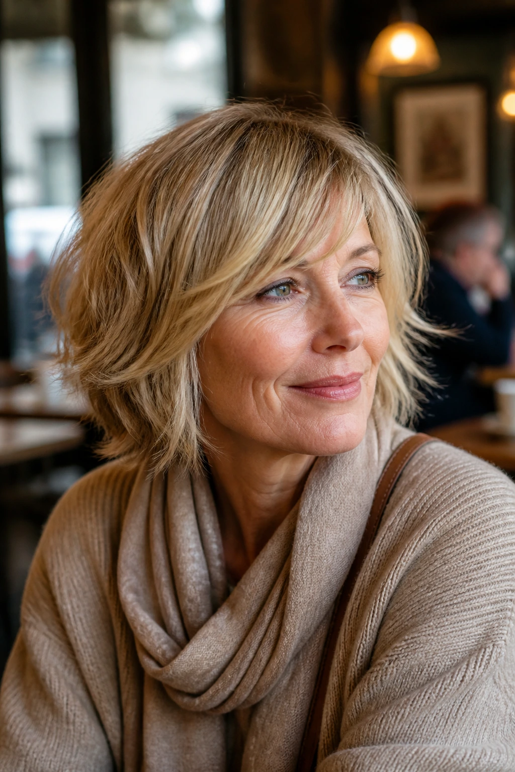Portrait of a real woman with a French-inspired shag bob and swoop bangs.