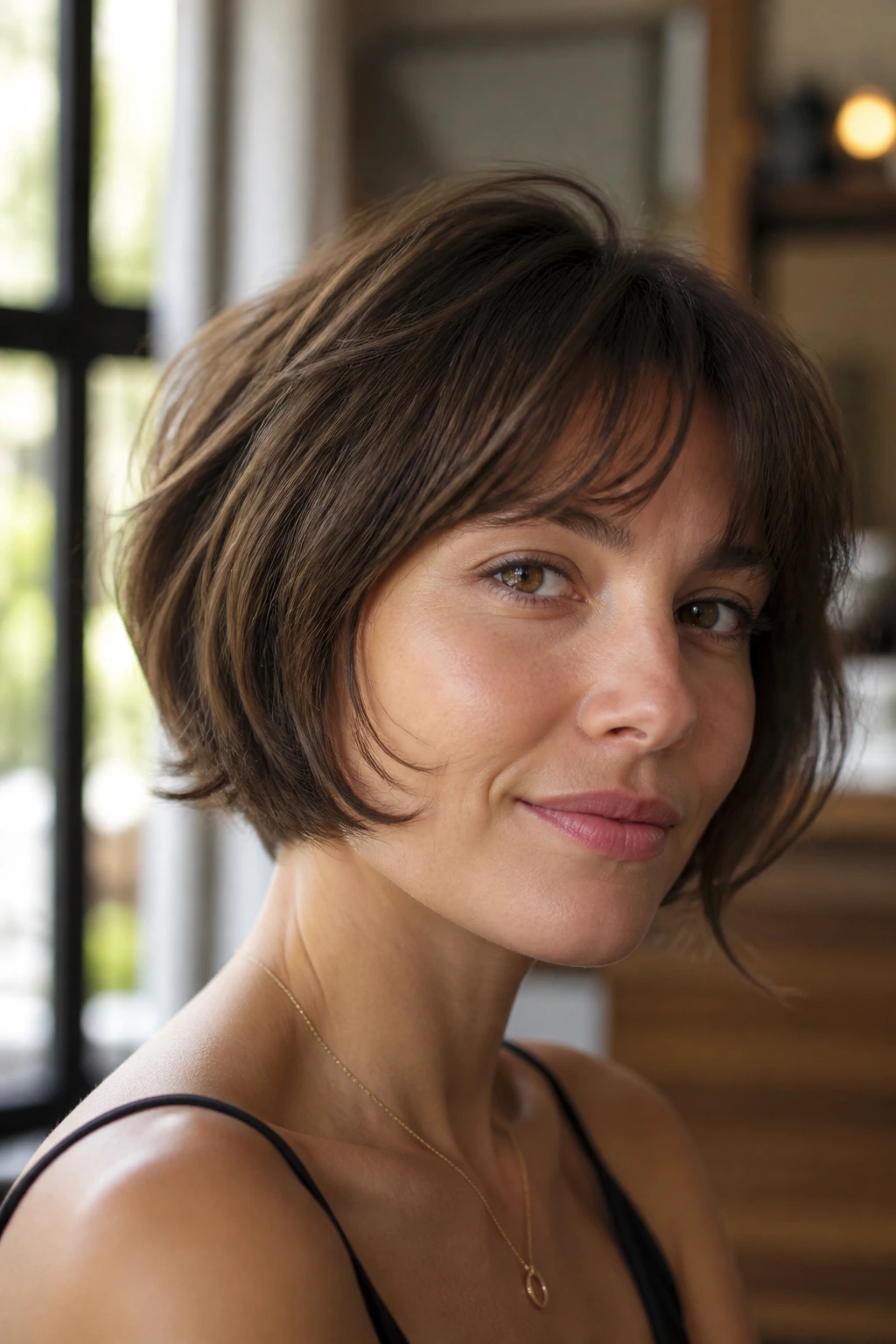 Real woman with a compact, undone French-inspired stacked bob by a window