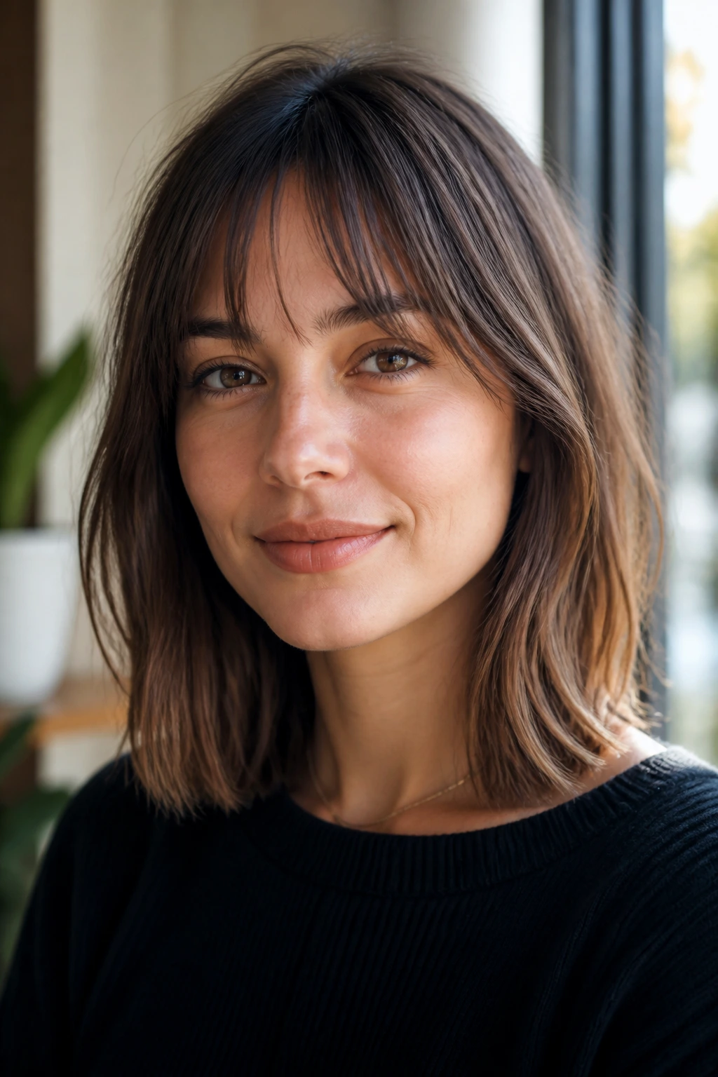 French Lob with Airy Bangs close-up portrait of a real person with airy bangs