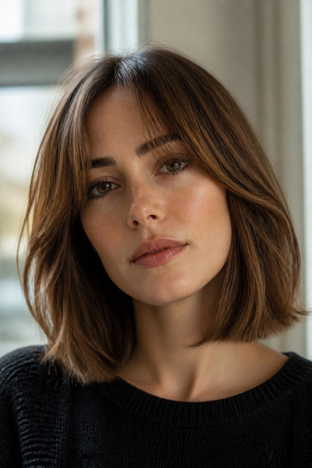 Close-up portrait of a real person with a French lob, chin-to-collarbone length and soft fringe under natural light.
