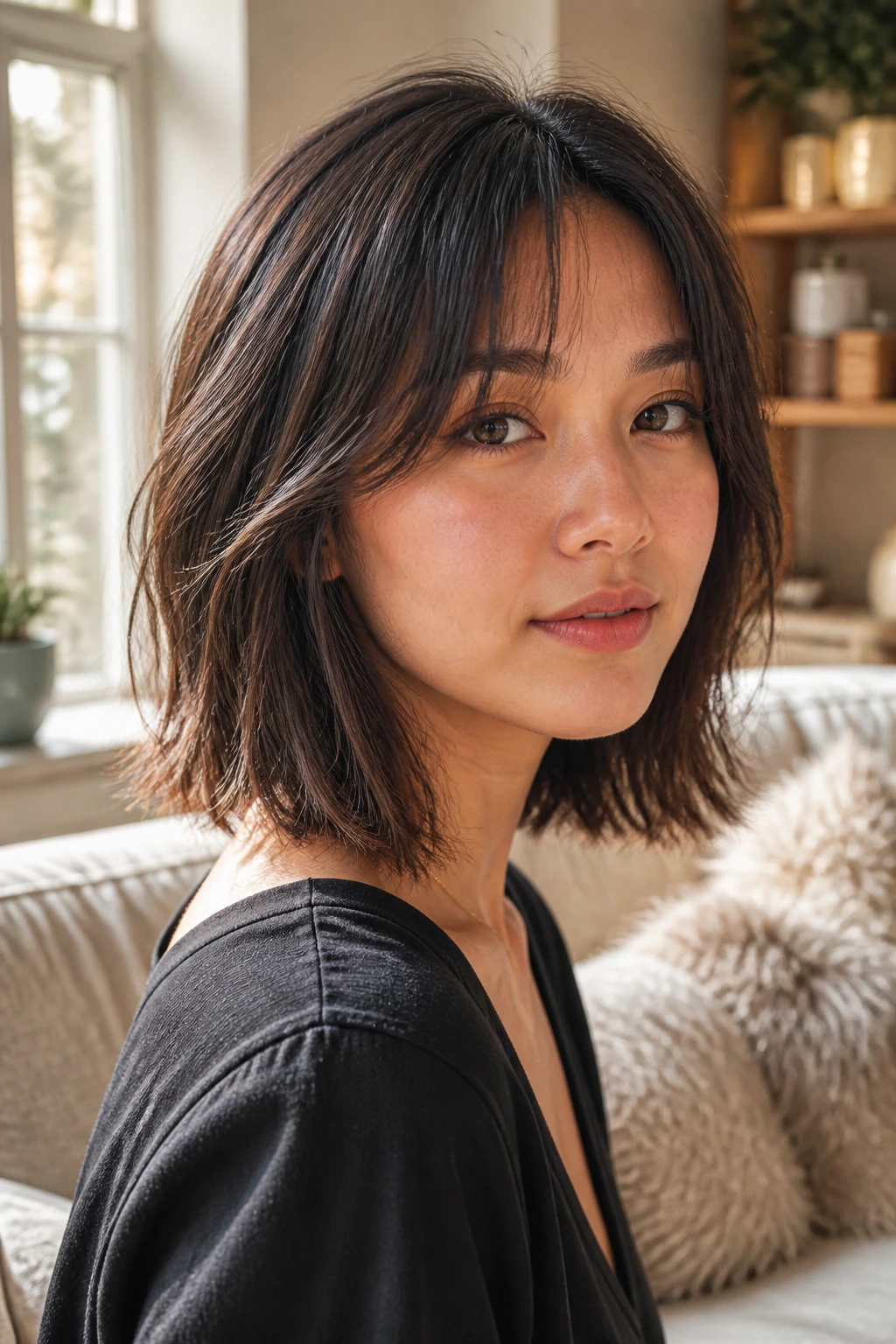 Close-up of a real woman with a French lob and grown-out fringe
